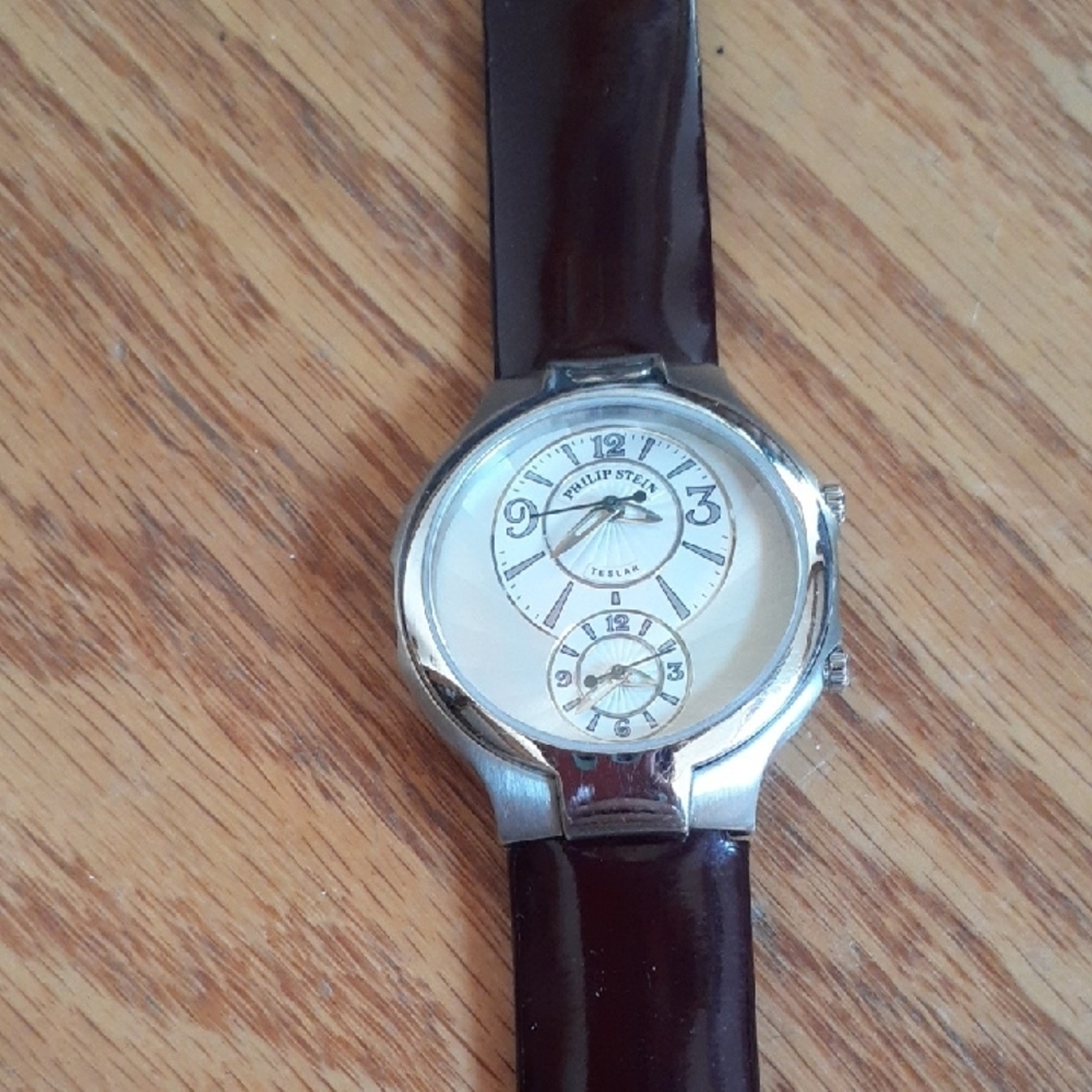 Philip Stein Silver and Tan Watch with Leather Strap